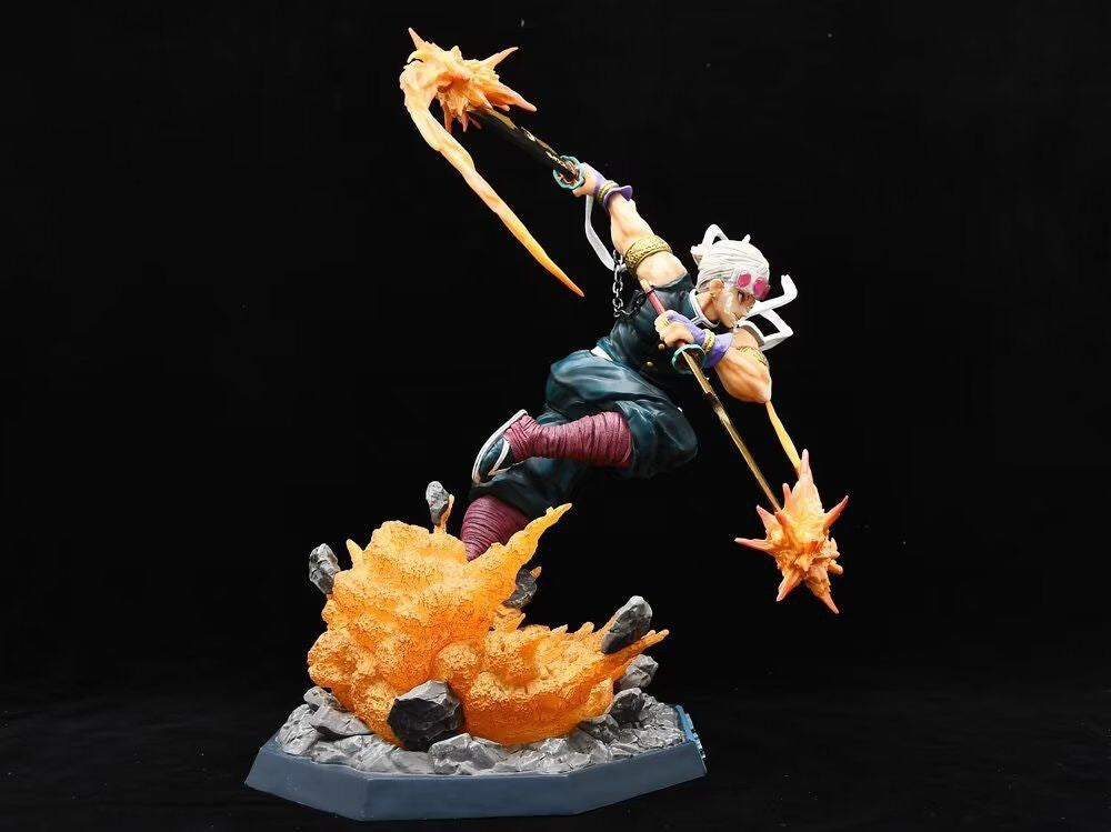 The Seakoff Premium Demon Slayer Urogi Figure is a 37cm GK model featuring USB light-up effects and intricate details, capturing Urogi mid-action with fiery weapons and an explosion effect. With white hair, dark clothing, and purple accents, it&