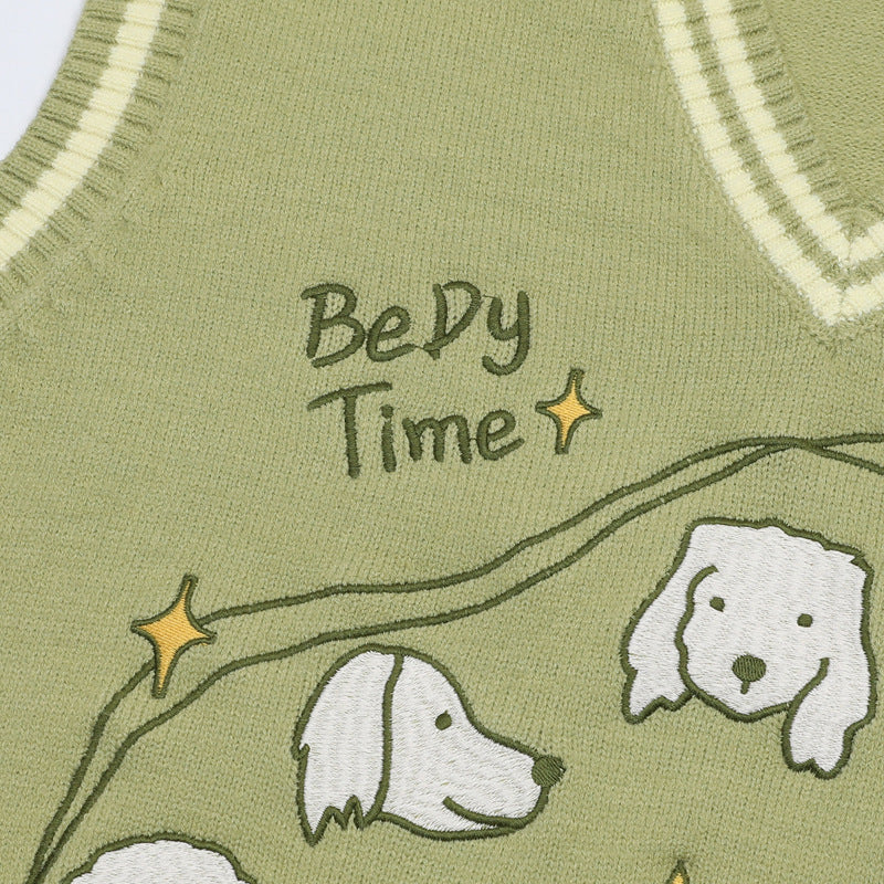 V-Neck Sweater Vests – Cute Dog Clock Jacquard Knit Preppy Style