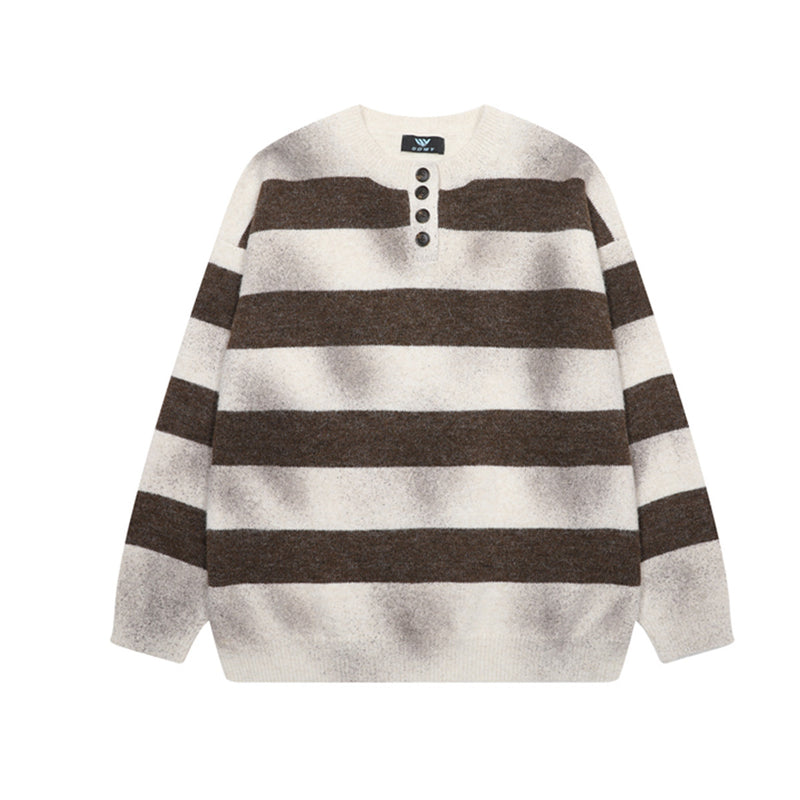 Brown and White Striped Sweater – Henley Neck Knit Pullover