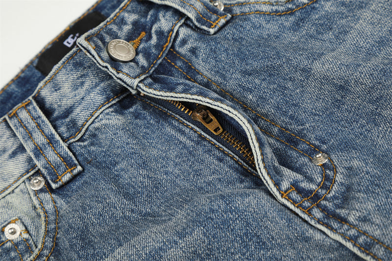 Jean baggy à jambes larges – Denim bleu délavé homme, coupe droite avec poche zippée