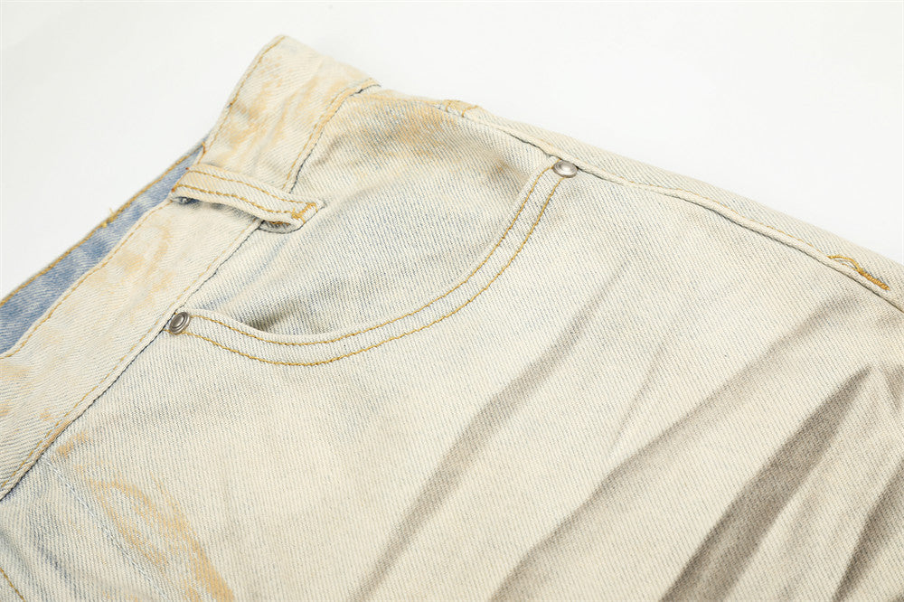 Men's Wide-Leg Distressed Jeans – Mud-Dye Washed, Diagonal Button Fly, Flare Hem