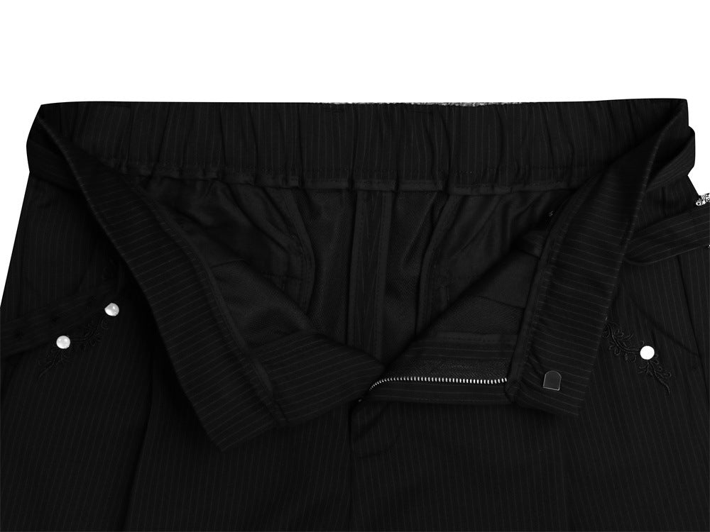 Pantalon ample rayé pour homme avec broderies florales et ceinture