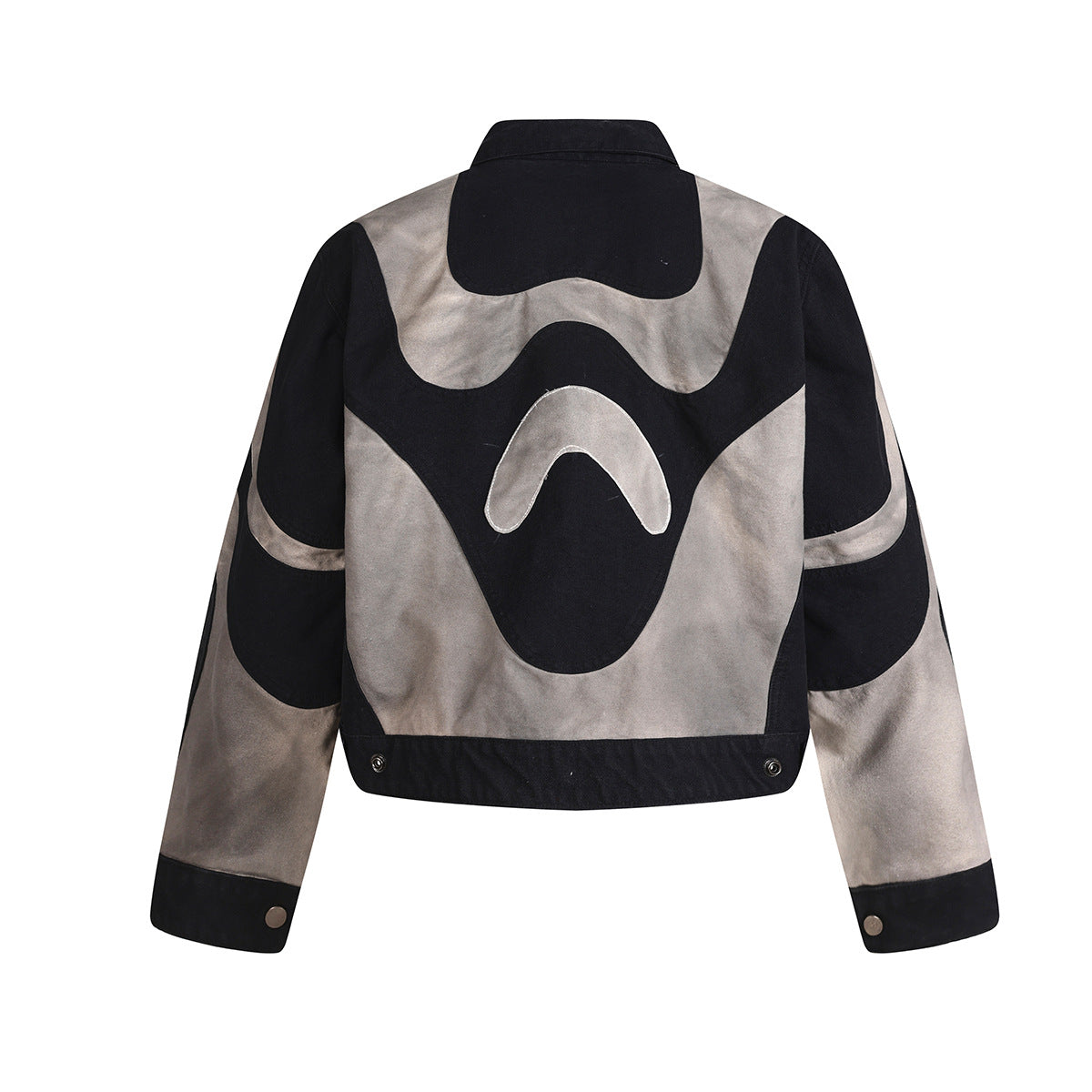 Abstrakte Patchwork-Reißverschlussjacke – Zweifarbig in Schwarz und gewaschenem Grau, verkürzte Harrington-Jacke