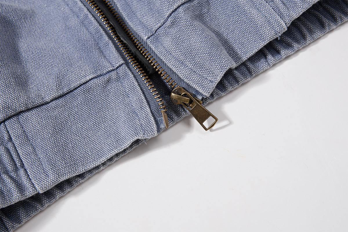 Chaqueta de lona lavada workwear con cuello de pana – Estilo barn de corte cuadrado