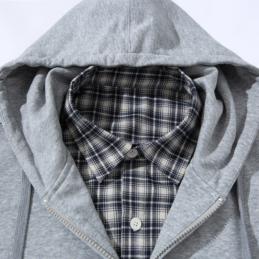 Men's Full Zip Hoodie with Faux Layered Plaid Shirt Insert, Oversized Streetwear