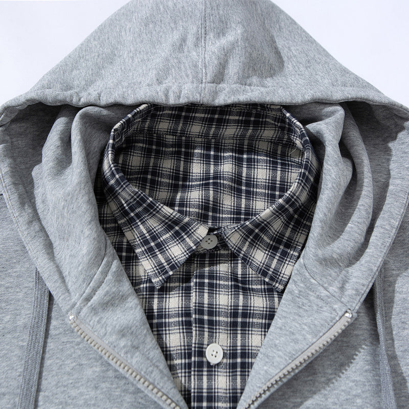 Men's Full Zip Hoodie with Faux Layered Plaid Shirt Insert, Oversized Streetwear