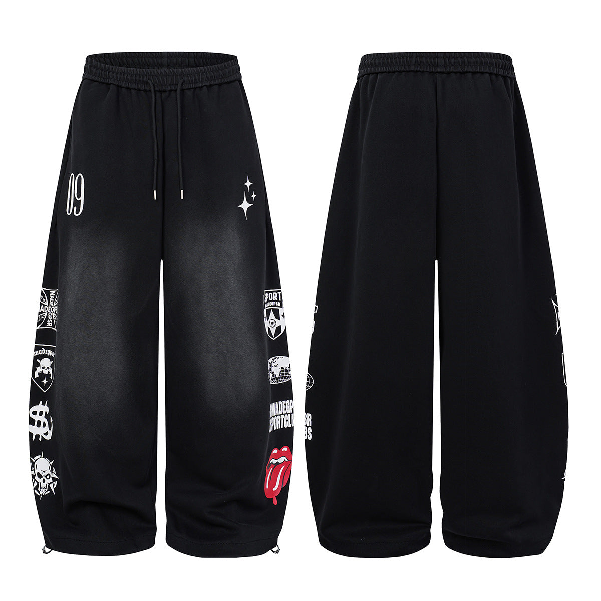Wide-Leg Graphic Sweatpants – Streetwear Patch Print, Washed Finish