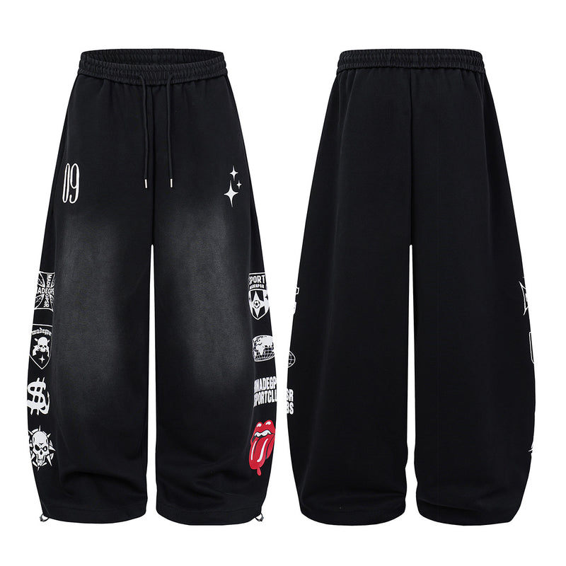 Wide-Leg Graphic Sweatpants – Streetwear Patch Print, Washed Finish