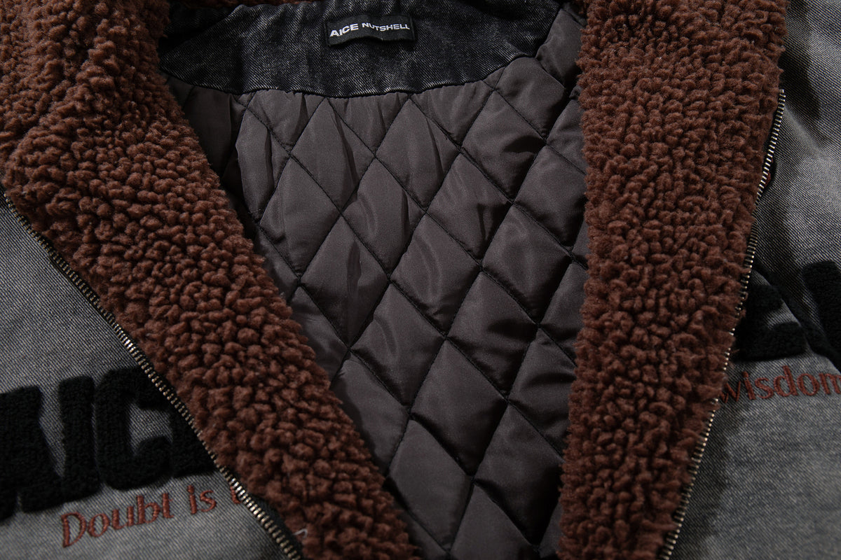 Washed Denim Padded Hoodie Jacket with Embroidered Logo & Sherpa Collar