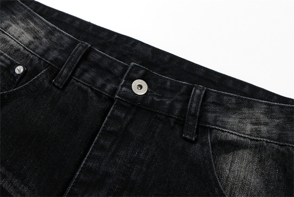 Men's Black Baggy Wide-Leg Jeans – Washed Distressed Curved Silhouette