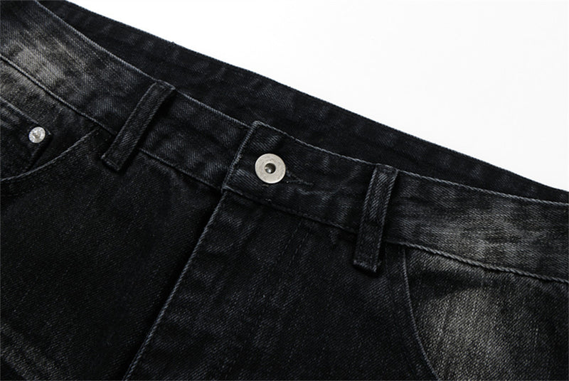 Men's Black Baggy Wide-Leg Jeans – Washed Distressed Curved Silhouette