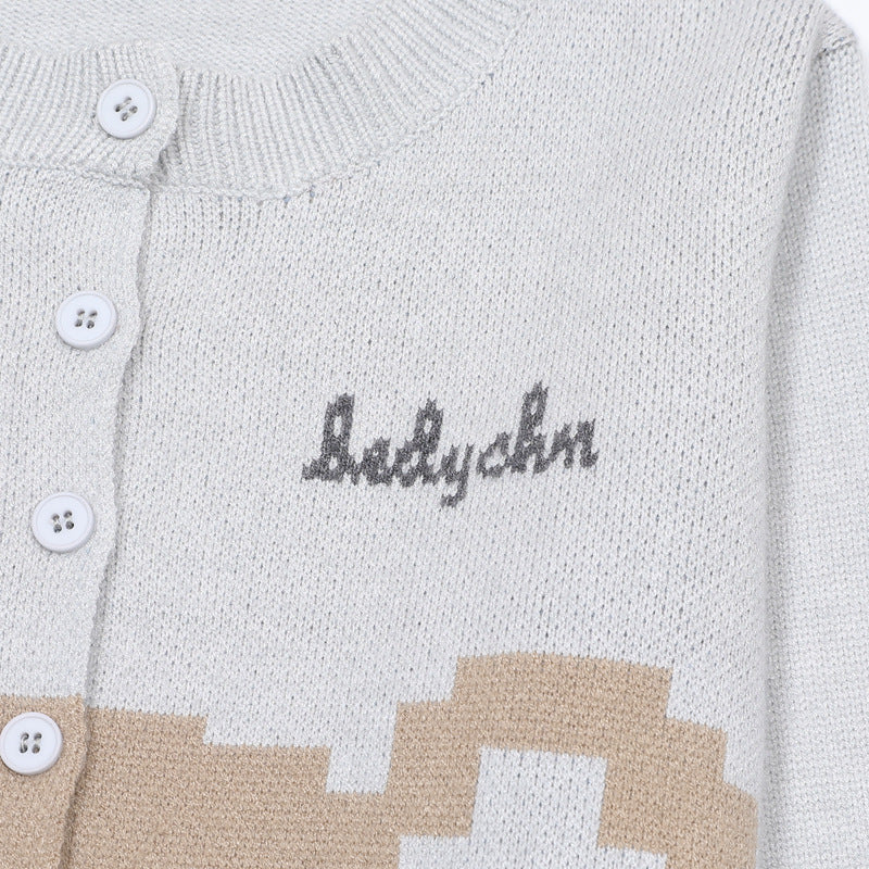 Pixel Bear Jacquard Knit Cardigan Sweater – Round Neck Button-Front