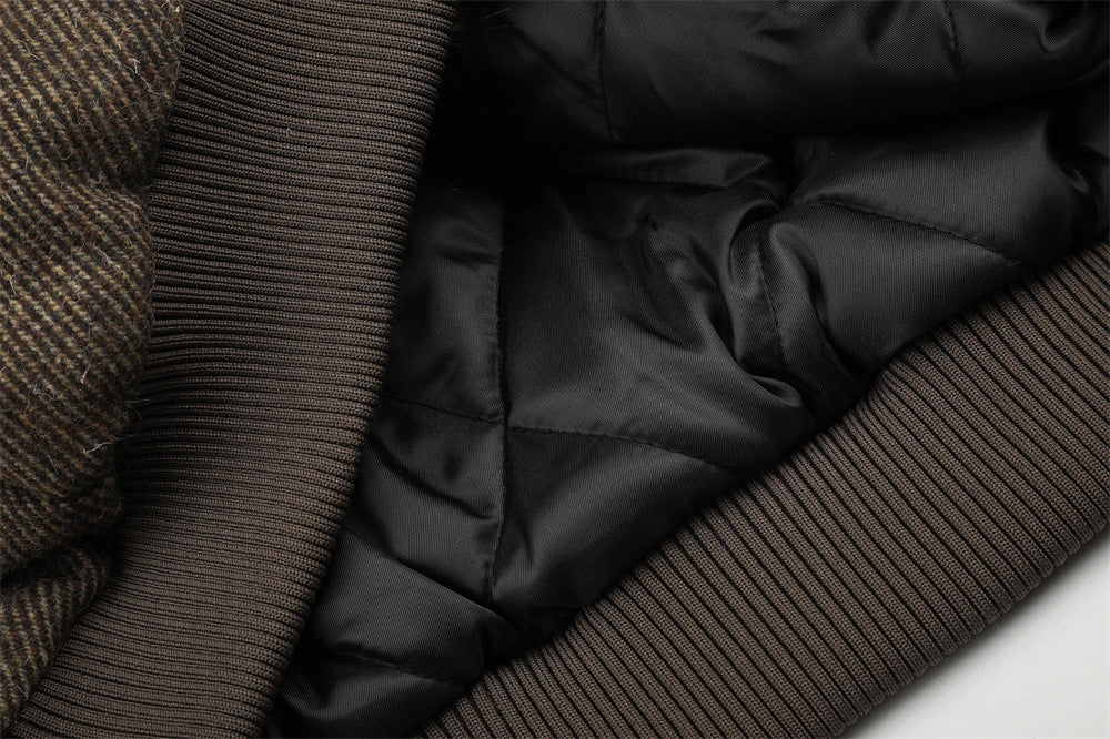 Fur-Trim Hooded Wool-Blend Bomber Jacket with Asymmetric Button Placket