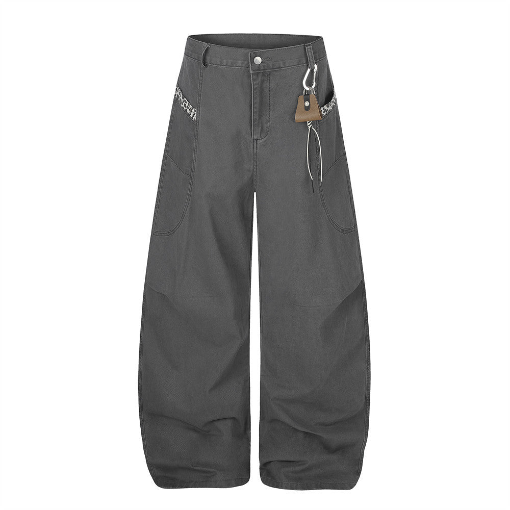 Wide-Leg Baggy Pants with Curved Hem, Leopard Trim & Carabiner Detail