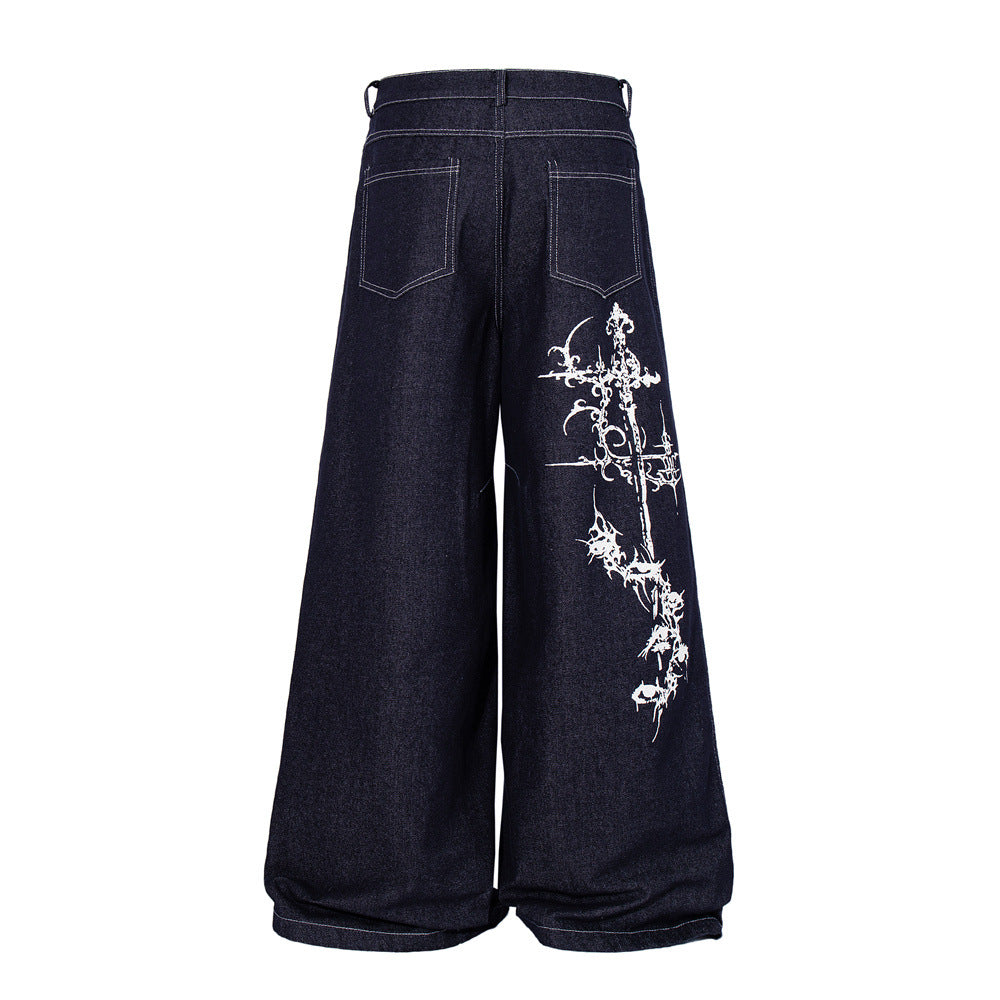 Wide-Leg Jeans with Gothic Cross & Script Embroidery, Button Fly, Dark Indigo