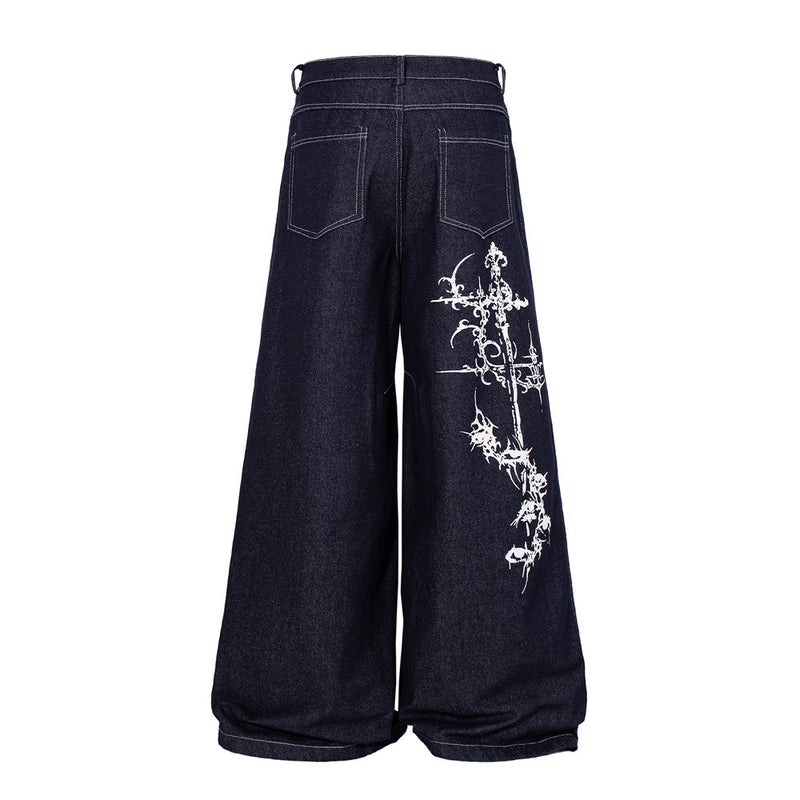 Wide-Leg Jeans with Gothic Cross & Script Embroidery, Button Fly, Dark Indigo