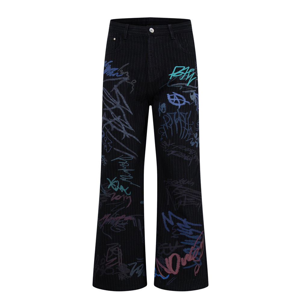 Graffiti Print Pinstripe Wide-Leg Jeans – Relaxed Straight Fit