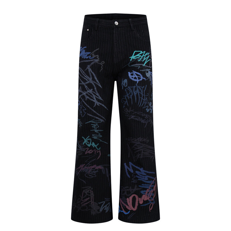 Graffiti Print Pinstripe Wide-Leg Jeans – Relaxed Straight Fit