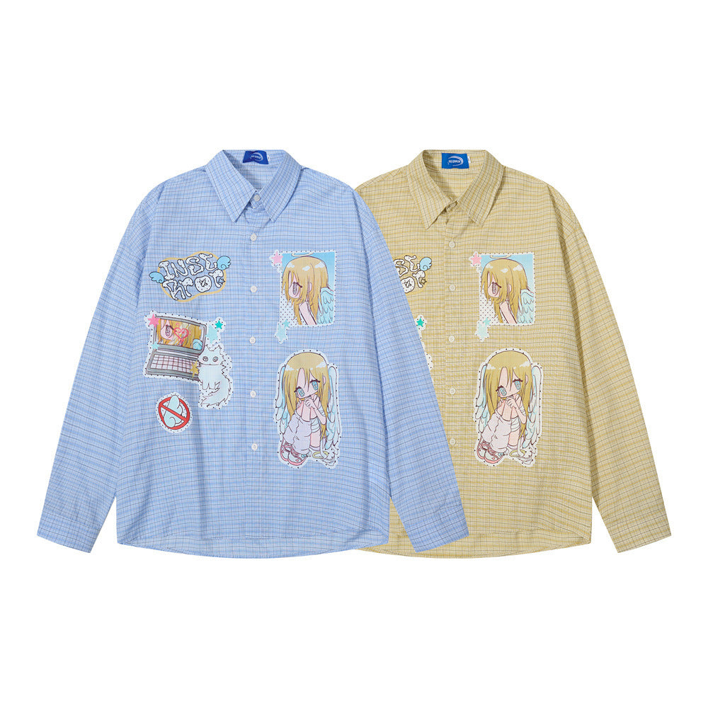 Blue and yellow plaid button-up shirts with anime angel girl graphics, front view