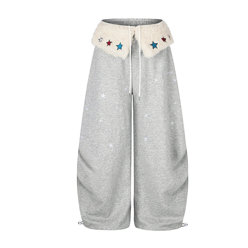 Pantalon de jogging à jambes larges, ceinture en sherpa et broderie étoile, gris chiné