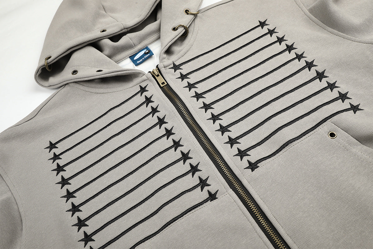 Star & Stripe Embroidered Zip-Up Hoodie with Bomber Ribbed Hem