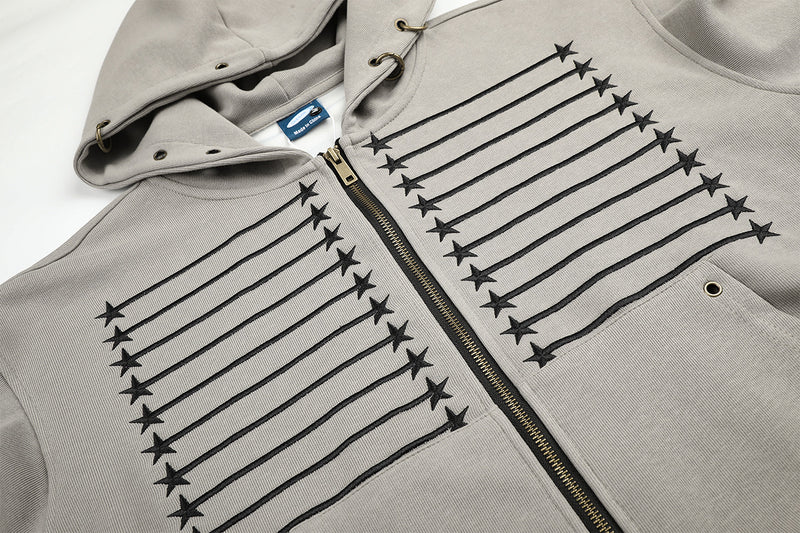 Star & Stripe Embroidered Zip-Up Hoodie with Bomber Ribbed Hem