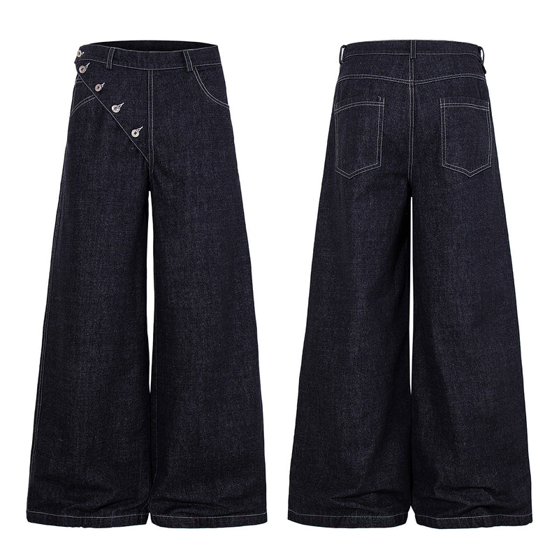 Vaqueros baggy de pierna ancha, lavado oscuro, bragueta diagonal de botones y denim crudo