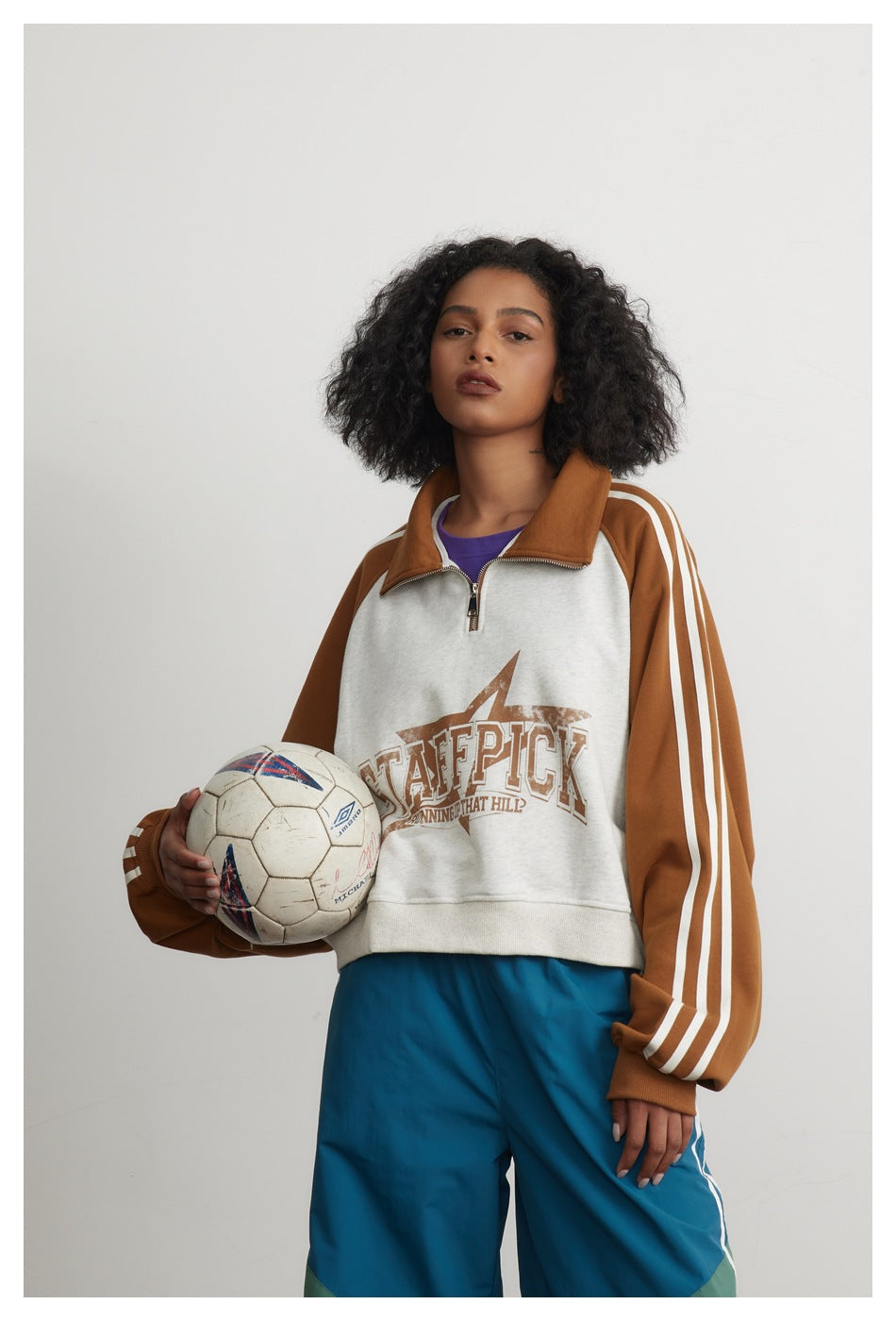 Cropped Half-Zip Sweatshirt Jacket – Colorblock Raglan with Stripe Sleeves