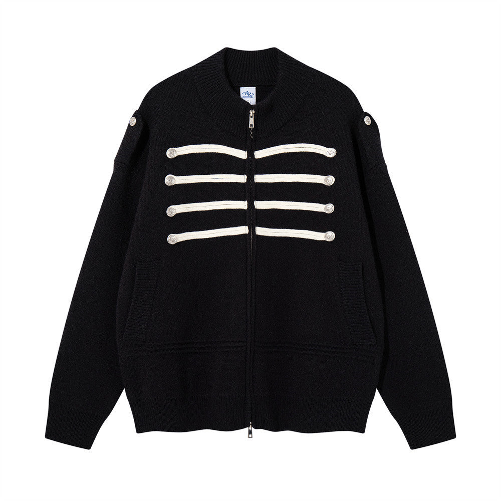 Cardigan zippé en maille à galons militaires – Col montant oversize avec