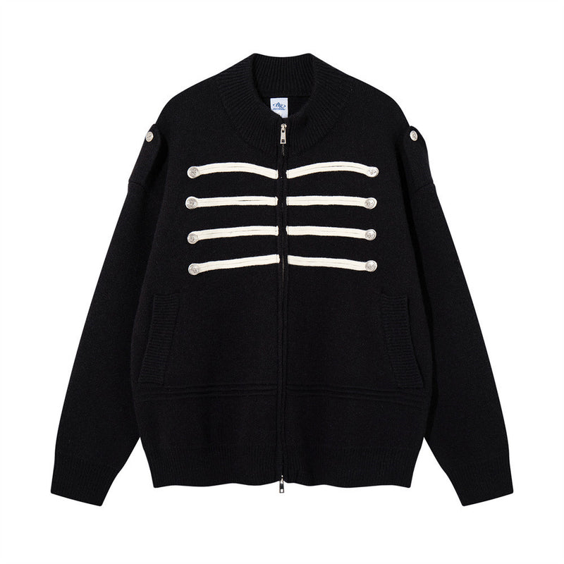 Cardigan zippé en maille à galons militaires – Col montant oversize avec