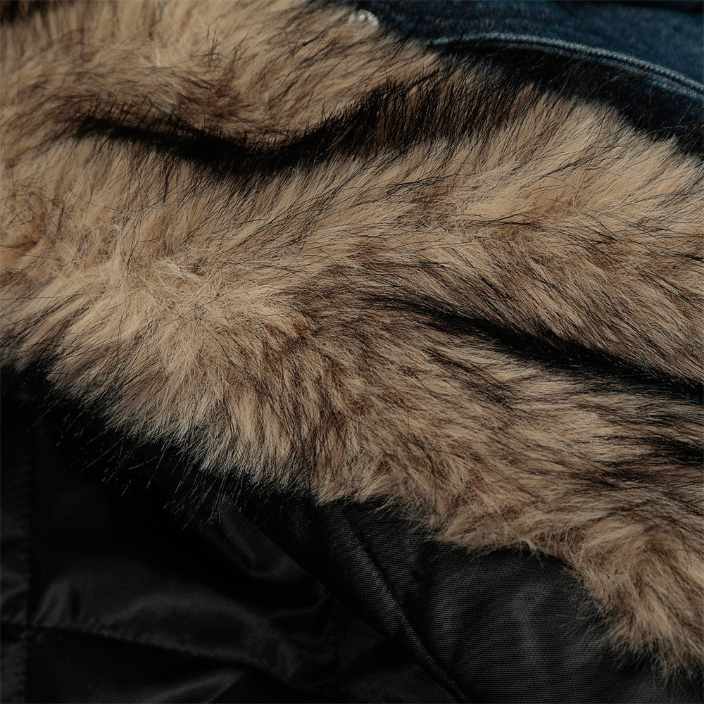 Fur-Trim Hooded Denim Bomber Jacket – Padded Winter Coat