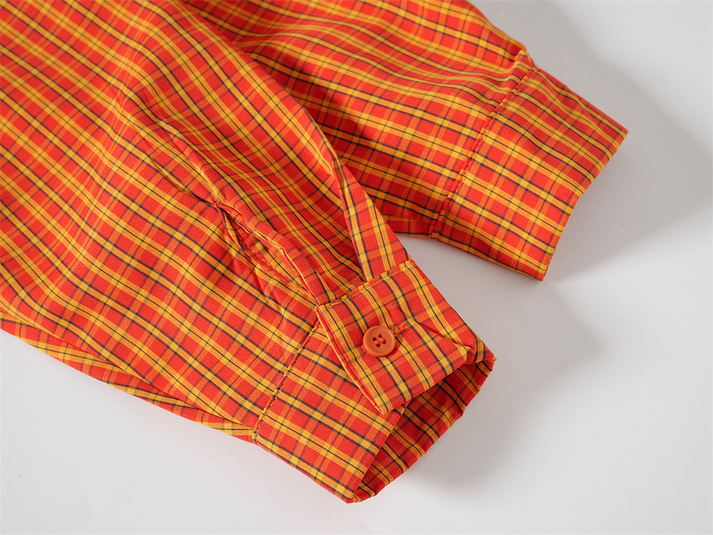 Men's Oversized Plaid Long-Sleeve Button-Up Shirt with Embroidered Chest Pocket
