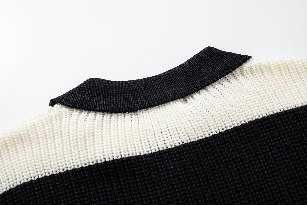 Black and White Striped Sweater – Polo Collar Knit Rugby Pullover