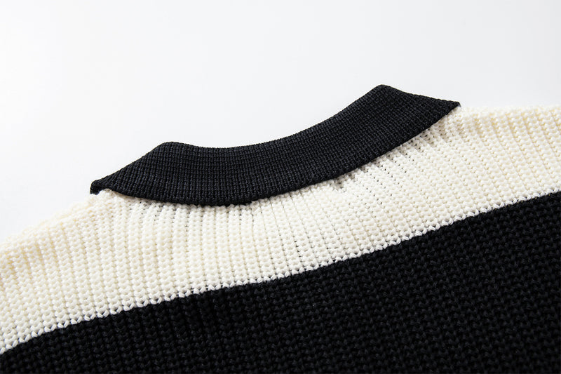 Black and White Striped Sweater – Polo Collar Knit Rugby Pullover