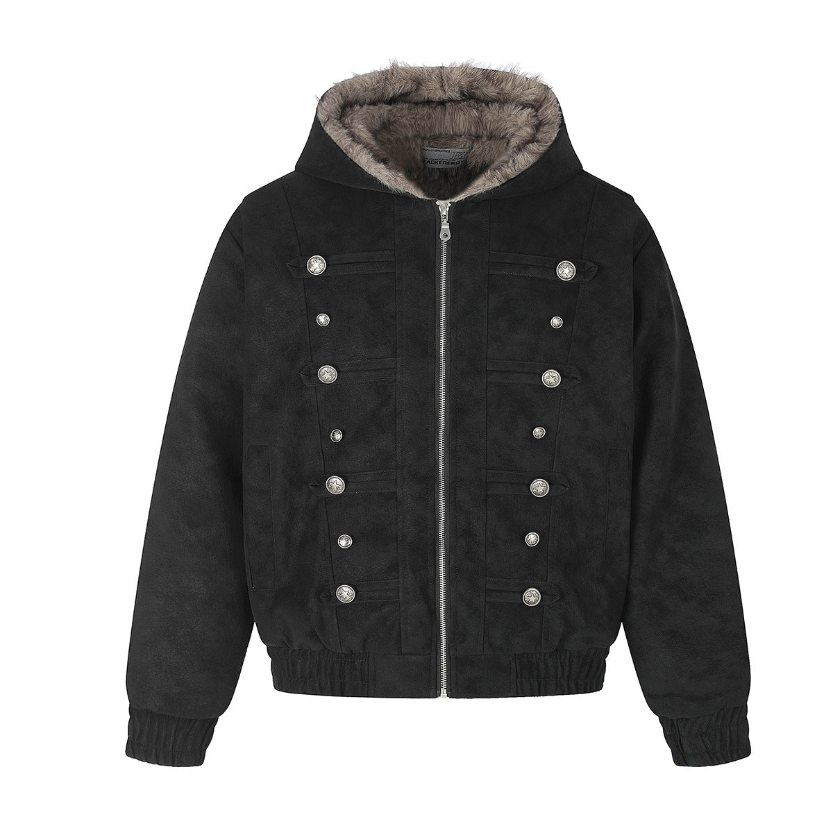 Military Button Bomber Jacket with Faux Fur Hood