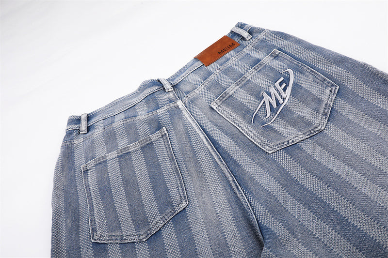 Men's Vintage Striped Wide-Leg Denim Shorts | Baggy Washed Jean Shorts