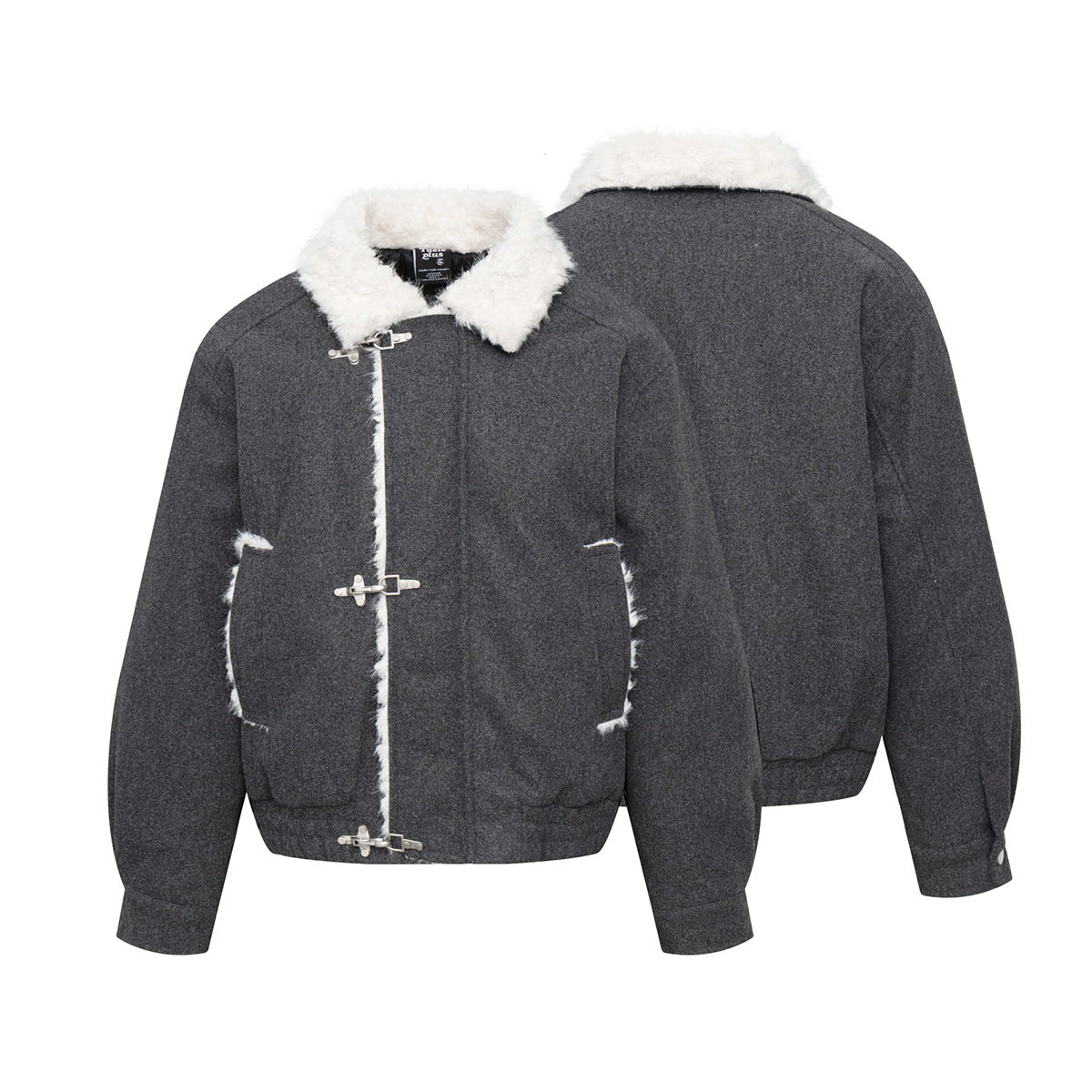 Men's Shearling Bomber Jacket – Dark Grey Faux Fur Collar & Clasp Front