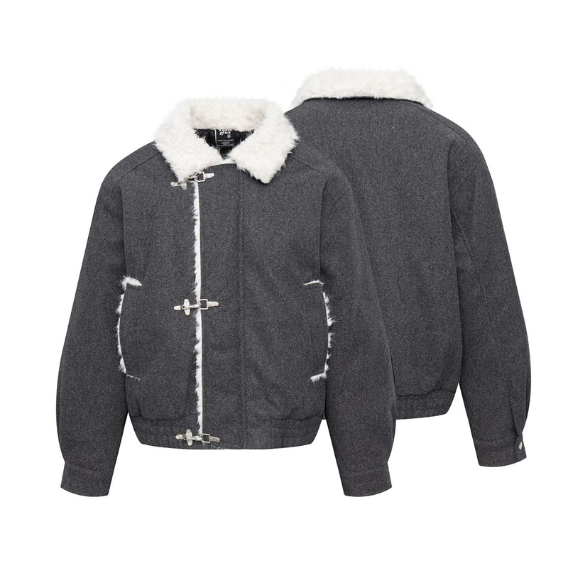 Men's Shearling Bomber Jacket – Dark Grey Faux Fur Collar & Clasp Front