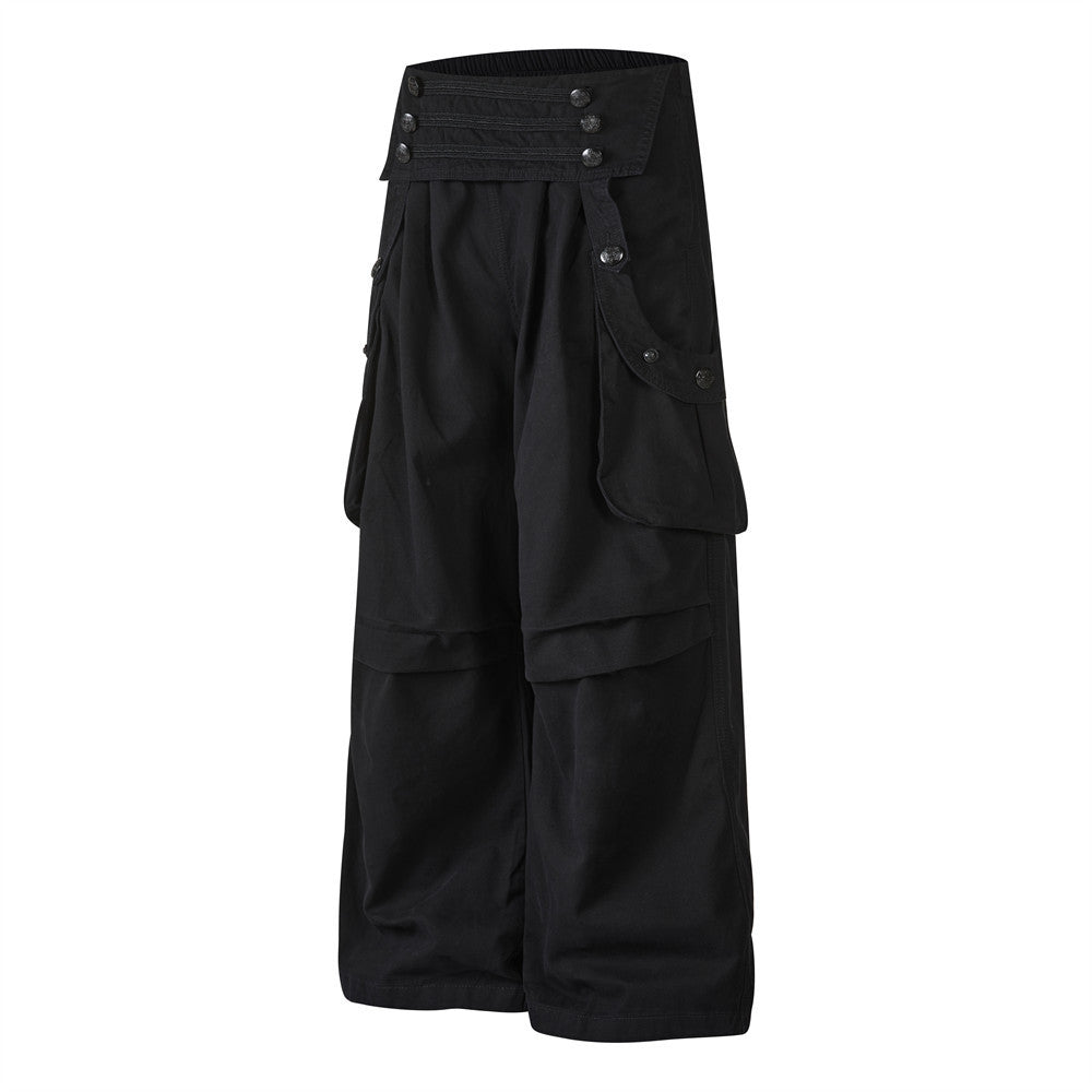 Pantalon cargo homme noir wide leg avec taille effet double boutonnage et multiples poches