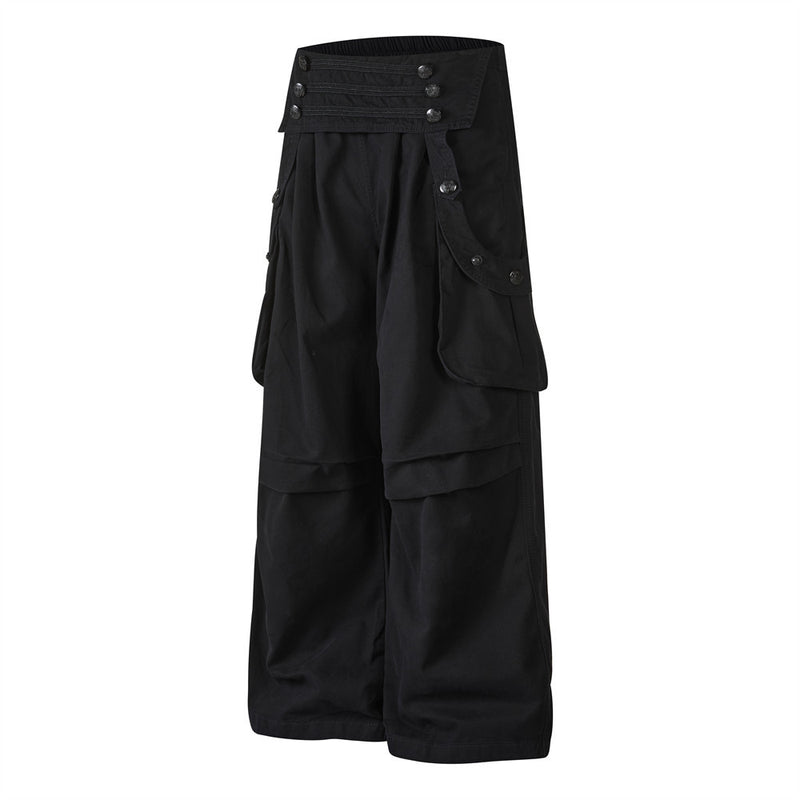Pantalon cargo homme noir wide leg avec taille effet double boutonnage et multiples poches
