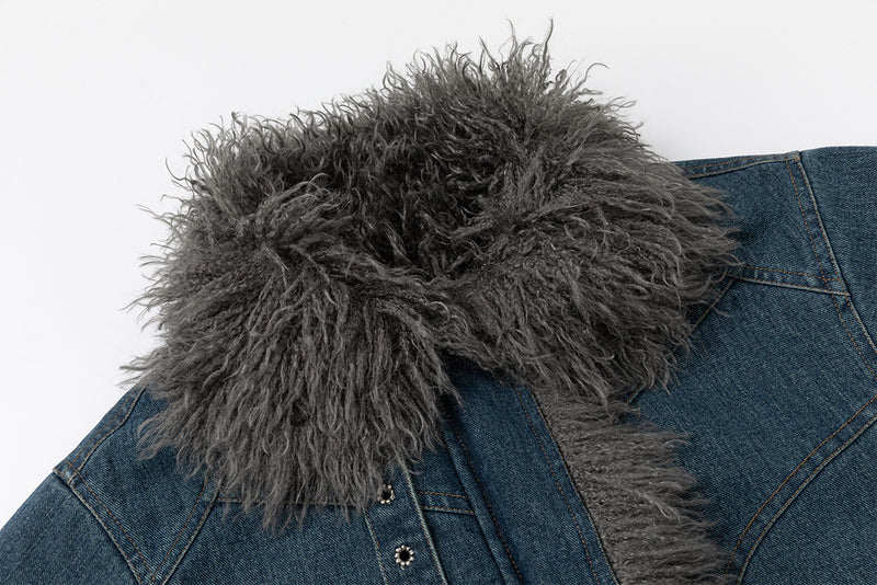 Washed Denim Cotton-Padded Jacket with Faux Fur Collar & Cuffs