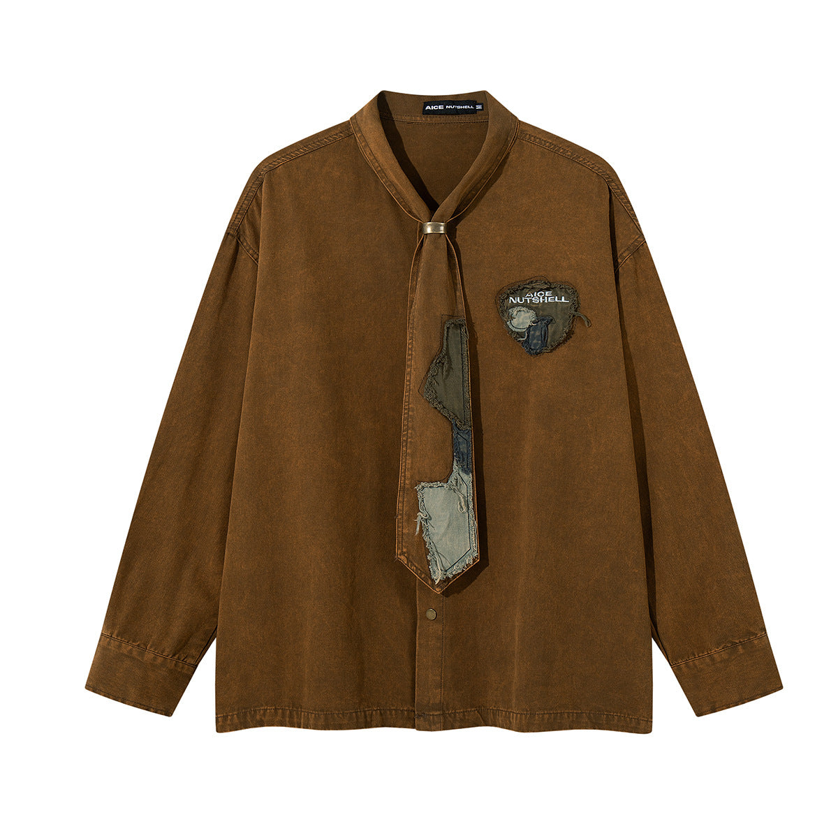 Patchwork Tie Denim Shirt – Vintage Streetwear Button-Up with Detachable Fabric