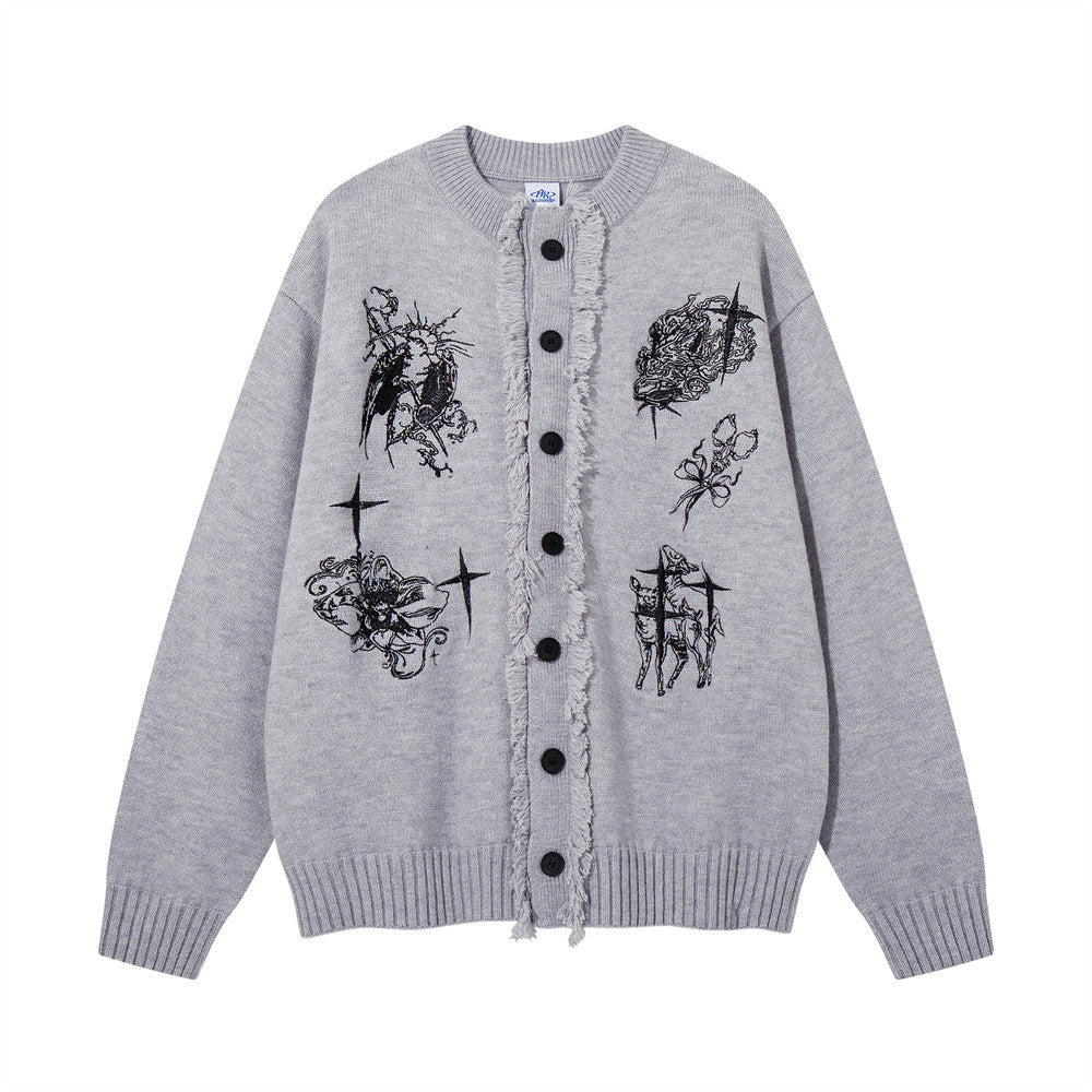 Oversized Knit Cardigan Sweater with Gothic Graphic Embroidery and Fringe Trim