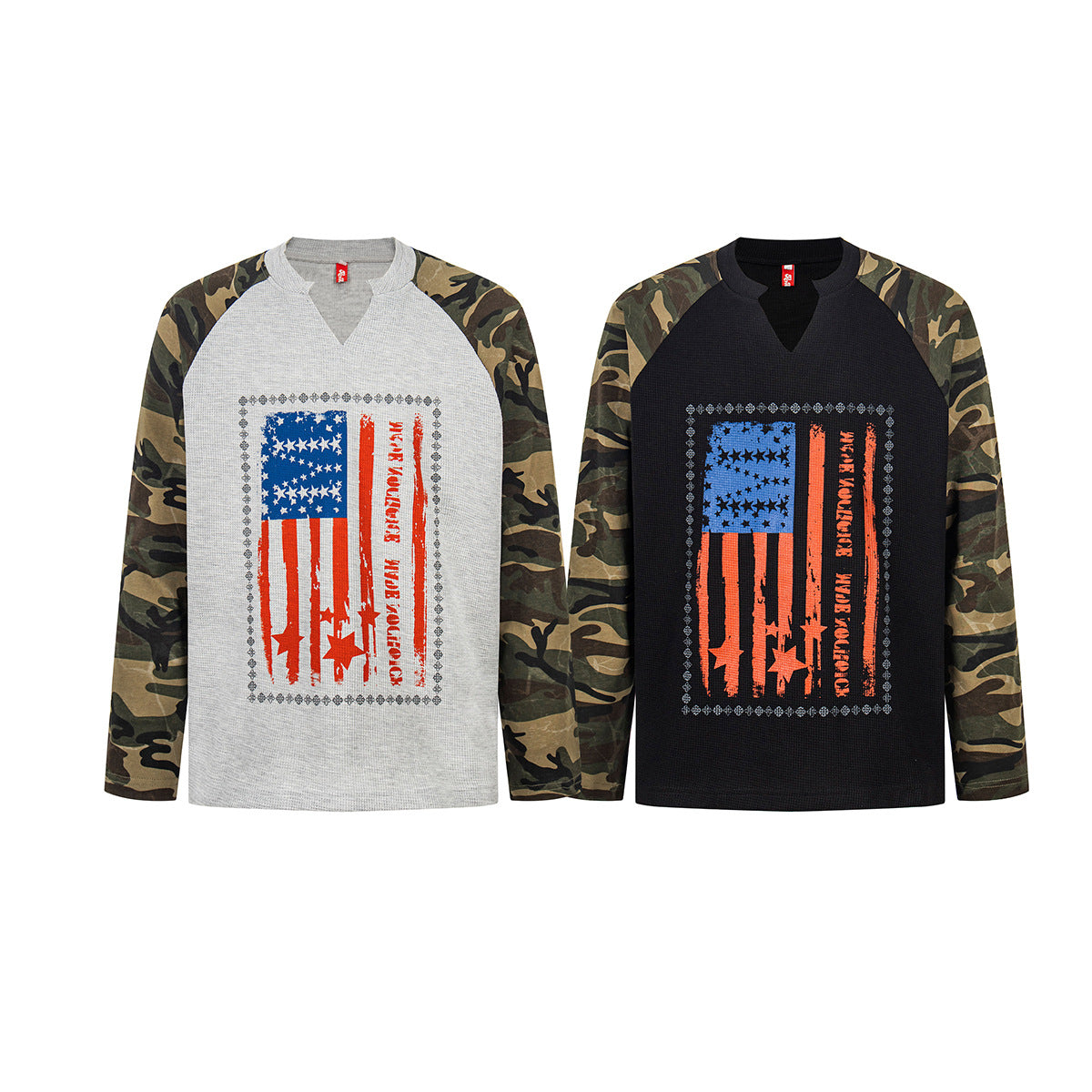 American Flag Camo Raglan Long-Sleeve Shirt – Waffle Knit Body, V-Notch Neck