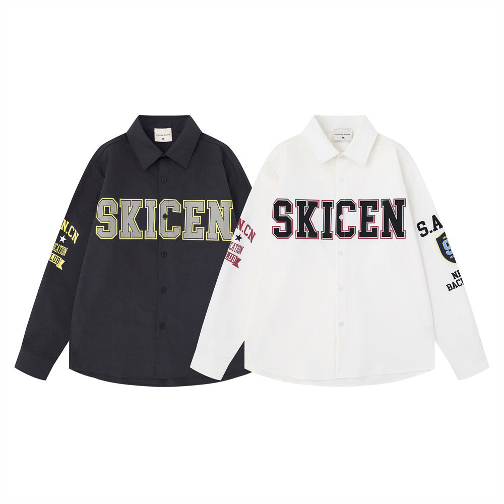 Varsity Letter Print Oversized Long Sleeve Button-Up Shirt