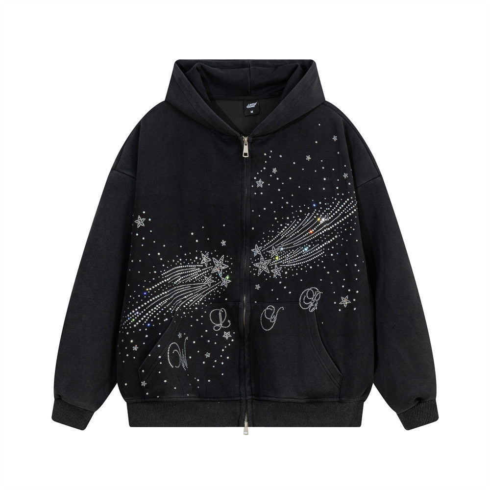 Sweat à capuche zippé avec étoile filante en strass – Streetwear oversize à double zip
