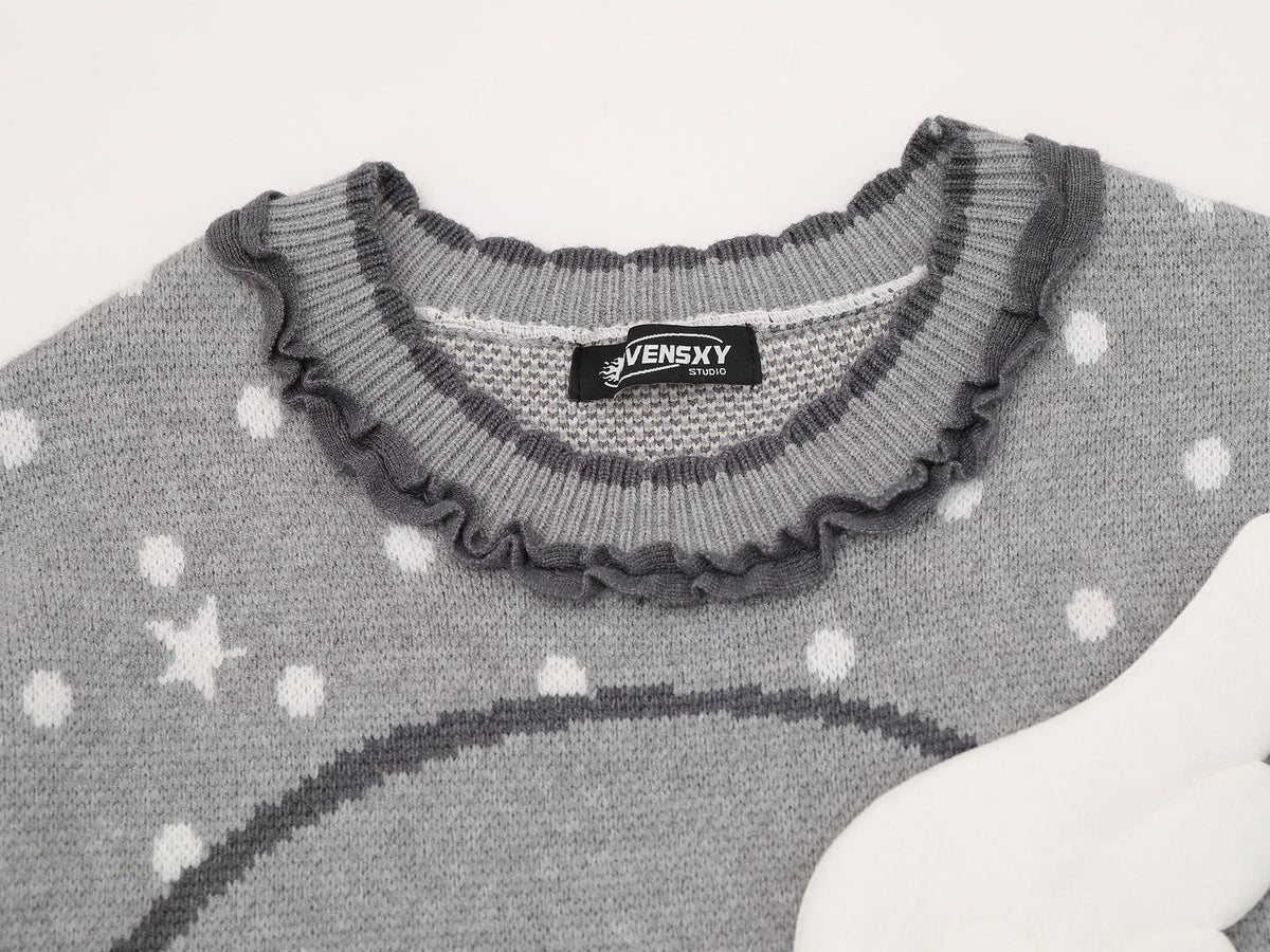 Anime Girl Jacquard Knit Sweater with 3D Angel Wing Patch & Polka Dot Print