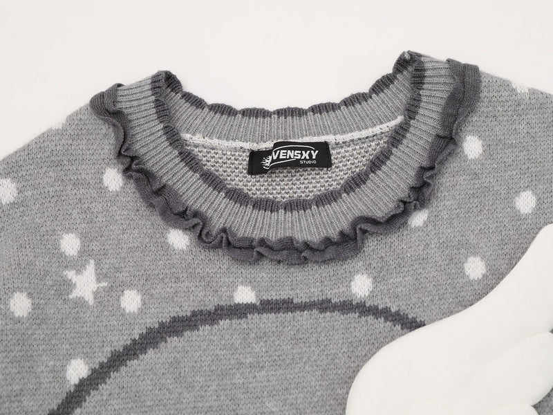 Anime Girl Jacquard Knit Sweater with 3D Angel Wing Patch & Polka Dot Print