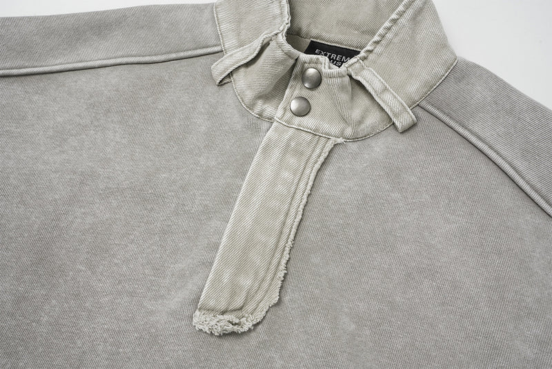 Acid Wash Mock Neck Snap Pullover Sweatshirt with Oversized Front Pockets