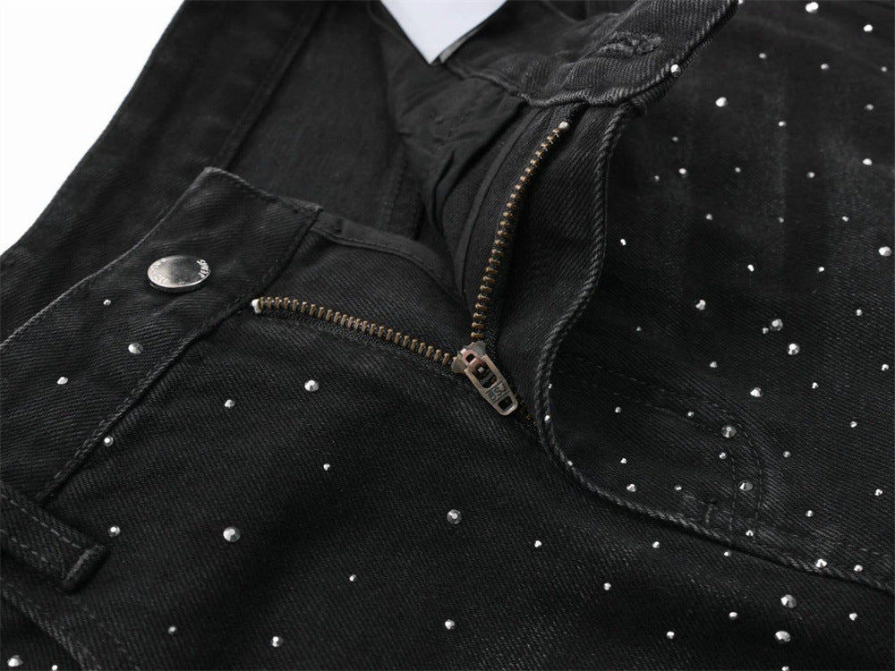 Rhinestone Wide-Leg Jeans – Men's Distressed Denim with Large Cargo Pockets &